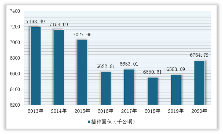 2013-2020年我国油菜籽播种面积统计情况