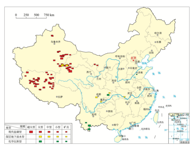 中国钾盐矿产地（矿床、矿点）分布图
