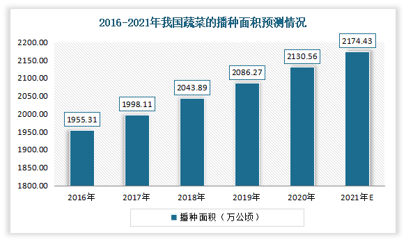 而作为城乡居民生活必不可少的重要农产品，保障蔬菜供给是重大的民生问题。近年来在国家一系列政策利好下，我国蔬菜播种面积、产量持续增加。根据数据显示，2020年我国蔬菜播种面积为2130.56万公顷，同比增长2.12%；预计2021年播种面积可达2174.43万公顷。