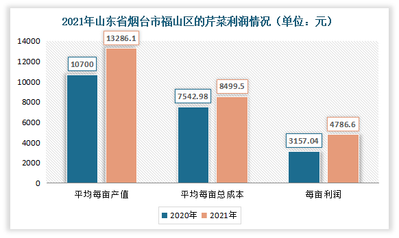 山东省烟台市福山区的芹菜在2021年芹菜长势良好，利润增幅较大。根据相关数据显示，2021年山东省烟台市福山区的设施芹菜平均亩产6,347.22公斤，同比增长18.75%；出售价格平均每公斤2.09元，同比增长4.50%；平均每亩产值13,286.11元，同比增长24.17%；平均每亩总成本为8,499.48元，同比增长12.68%；每亩利润4,786.63元，同比增长51.62%