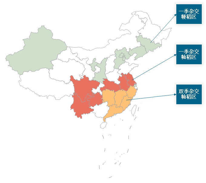 （4）籼粳杂交水稻混栽区。这些地区，既适宜种植粳型杂交稻，同时也种植籼型杂交稻。主要分布在云南、浙江、江苏的部分地区。