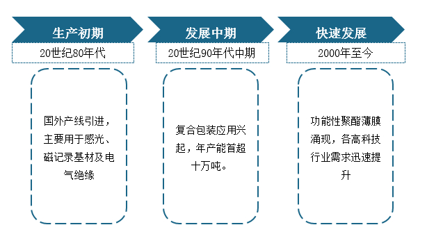 2000年以后，国内对聚酯薄膜的需求快速提升，带动行业快速发展，近年来，随着聚酯薄膜光学性能、电性能、力学性能、热性能及表面性能等的进一步挖掘，热封膜、抗静电膜等功能性聚酯薄膜不断涌现，可进一步应用于电子、电工电气、光学、光伏及航天等高精尖技术领域。