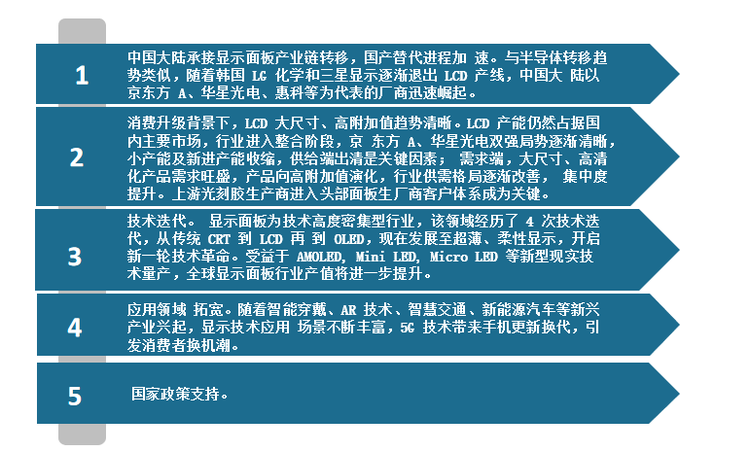 整体来看，目前我国显示面板行业已经入存量发展阶段，新兴技术变革成为核心变量（市场一些关键的技术和配件在美日韩手中，国内厂商需加快研发相关技术，突破关键技术），未来显示面板发展驱动因素来源于以下 5 点：