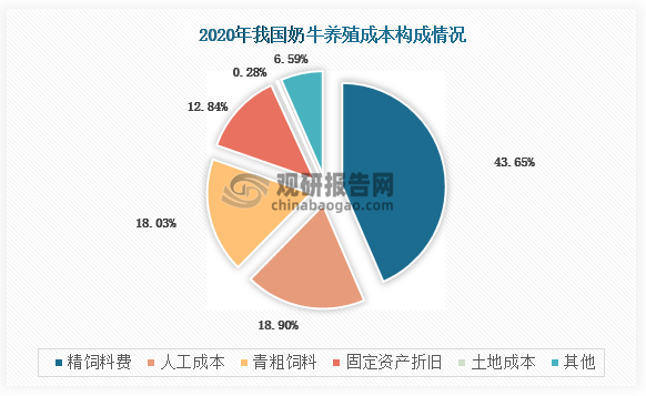 饲料成本占奶牛养殖成本的六成以上，其中精饲料费占43.65%；青粗饲料占比18.03%。