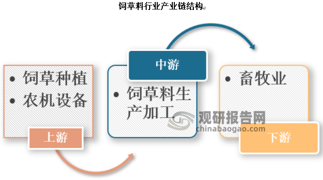 饲草料行业上游主要是饲草种植和农机设备，中游是饲草料的生产加工，下游则是畜牧业。