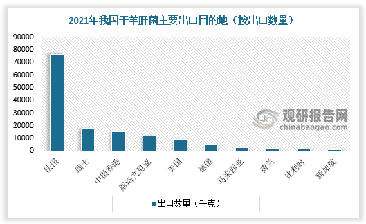 从主要出口目的地看，我国干羊肚菌主要出口地区为法国，出口数量为76470千克，出口金额为9063926美元，占总出口金额的48.57%。我国干羊肝菌第二大出口目的地为瑞士，出口数量为18117千克，出口金额为2959290美元，占总出口金额的15.86%。