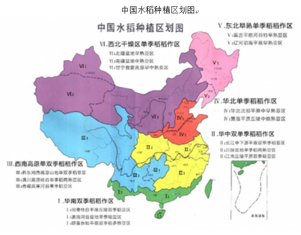 中国水稻研究所根据种植水稻的自然生态条件和社会、经济、技术条件等方面，将中国稻区划分为 6 个稻作区和 16 个亚稻作区。