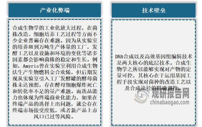 值得注意的是，虽然市场前景十分广阔，但是目前合成生物产业发展中也存在不少亟待突破的难点。具体来看，前端的DNA合成、基因编辑，产业链中间的产业转化，及基于对终端市场把控中的产品设计等是合成生物产业目前的主要门槛和壁垒。对于企业而言，在合成生物产业化全流程中的主要壁垒在于产业化和选品能力。例如产业化过程中，由于从实验室的培养皿到万吨生产体量的工厂，发酵工艺以及设施和环境的变化等诸多因素都会影响菌株的稳定和生长，而在菌株改造、细胞培养工艺过程等方面不少企业普遍存在难题。对此合成生物学产业链内具备底层技术优势的上游公司、拥有自主知识产权的中游平台开发型公司以及选品合理的下游产品型公司将更具竞争力。