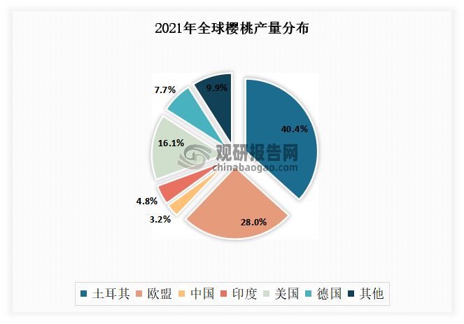 其中欧洲近年来,由于智利车厘子在网上打开了城市工薪阶层的消费市场,欧洲甜樱桃的国内种植面积迅速增加,大量资本进入樱桃种植行业。2021年土耳其的樱桃产量全球第一,产量为占比40.4%。其次为欧盟地区占比为28%,美国地区占比为16.1%,德国地区占比为7.7%,印度地区占比为4.8%,中国占比仅为3.2%。