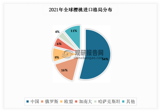虽然我国是全球第三大樱桃出产国,但仍旧供不应求,需要大量进口国外樱桃以满足巨大消费需求。这是因为由于当地生态气候寒冷,大部分气候类型为地中海气候和海洋温度,非常适合樱桃的生长。在大多数情况下,中国天气湿热制度较高,不适合优质樱桃的生长。而由于质量问题,中国中高端樱桃市场几乎被进口车厘子占据。目前我国是世界上樱桃进口量最大的国家。2021年我国樱桃进口量占世界进口量的54%。