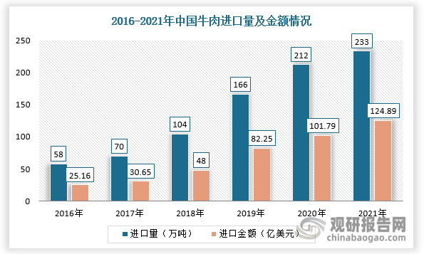 我国是牛肉净进口大国。按照2020年牛肉零售均价45元/斤，供需缺口200-250万吨进行估计，我国牛肉市场仍存在有1800-2250亿的市场空间。因此，由于我国牛肉供需缺口较大，所以为满足消费需求，国内进口牛肉数量不断增长，截止2021年底进口数量为233万吨，同比增长9.9%，实现进口金额124.89亿美元，同比增长22.7%。