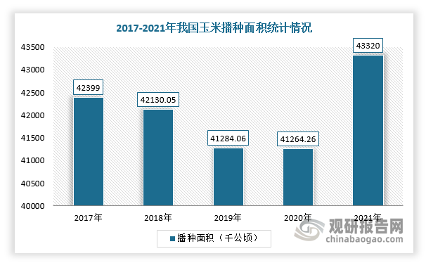 根据观研报告网发布的《》显示，2017-2019年受国家取消玉米临时收储政策且形成以“市场价格”加“补贴”的定价机制的影响，我国玉米播种面积有所下降，进入2021年由于玉米价格上涨，使得玉米播种面积回升，为至4332.00万公顷，同比增长4.98%。