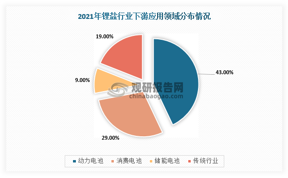 锂盐行业下游应用领域广泛，主要可分为电池领域和传统工业领域。其中，电池领域应用包含电动电池、化学储能、消费电池等，是锂盐下游应用的核心领域；传统工业领域主要包含医药、润滑剂、陶瓷玻璃、催化剂等。根据Dr Lithium数据统计，2021年电池领域占锂盐行业下游应用的81%。