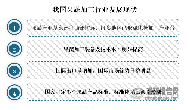 目前我国果蔬产业从东部往西部扩展，很多地区已形成优势加工产业带，果蔬加工装备及技术水平明显提高，国际出口量增加，国际市场优势日益明显，同时国家制定多个果蔬产品标准，来保障果蔬产品质量，标准体系已初步形成。
