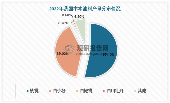 从产量结构看，我国是全球最大的核桃和油茶籽生产国，因此木本油料产量以核桃和油茶籽为主，2022年分别占比53.4%和39%。