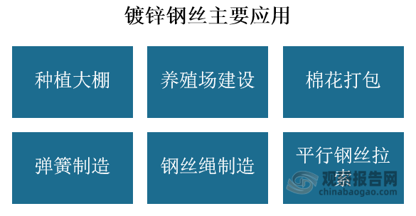 镀锌钢丝的性能与矫直回火钢丝相同。应用上，镀锌钢丝主要用于种植大棚、养殖场建设、棉花打包、弹簧及钢丝绳的制造，还常用作斜拉桥的平行钢丝拉索。