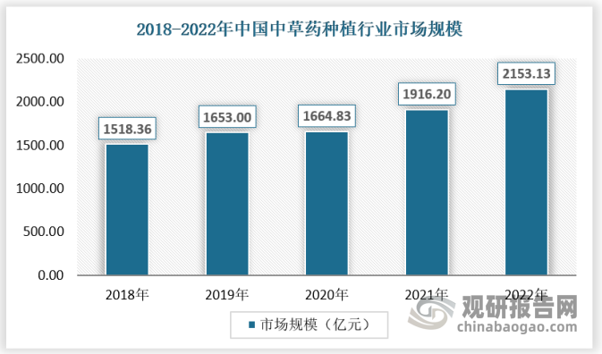 随着我国中药加工产业的发展，近年来我国中草药种植行业市场规模保持稳定增长。2021-2022年随着新冠疫情以及中草药价格上涨，我国中草药种植行业市场规模创新新高，2022年达到2153.13亿元。