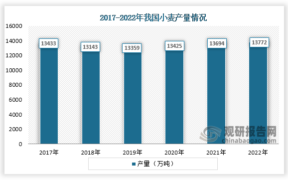 小麦是一种重要的经济作物，被广泛用于食品加工和制造，在我国种植面积和产量仅次于稻米。数据显示，2018年到2022年我国小麦产量从13143万吨增长到了13772万吨，连续五年稳定增长。