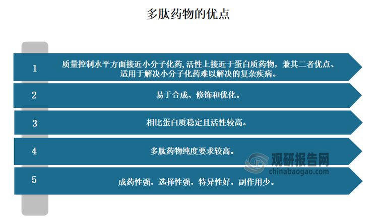 与生物制剂相比，多肽药物的免疫原性较低，生产成本较低。与小分子药物相比，小分子药物的优点在于较低的生产成本和销售价格、口服给药和良好的膜穿透能力。小分子的口服给药具有更好的安全性和提高患者依从性的好处，分子量小也使它们能够穿透细胞膜以靶向细胞内分子。相对应的，分子量小也意味着它们很难有效地抑制大的表面相互作用，例如蛋白质-蛋白质相互作用(PPI)。PPI通常占据1500-3000A²的接触面积，而小分子由于分子大小有限，仅覆盖蛋白质表面的300-1000A²。相比之下多肽药物独特的理化特性，灵活的主链与更大的分子量，使它们能够作为PPIs的有效抑制剂。