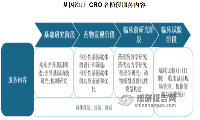 此外，基因治疗CRO服务覆盖药物发现、临床前研究、临床研究阶段。其中，药物发现阶段，主要提供基因靶点筛选和确证、基因功能研究、载体开发、包装及测试等服务（横跨药物发现、临床前研究阶段）。