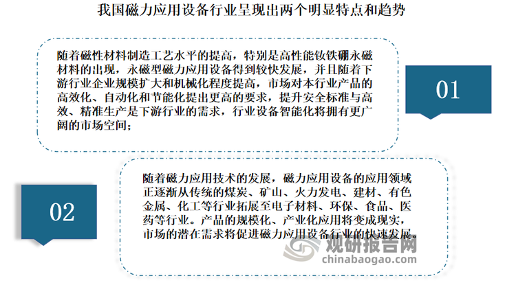 近年来随着我国工业、制造业快速发展，相关技术水平的不断提升，磁力应用设备应用领域逐渐拓宽，市场需求逐渐增长。在此背景下，我国磁力应用设备市场规模呈现出逐年增长的态势。数据显示，2017-2022年，我国磁力应用设备市场规模从196.4亿元增长至257.2亿元，年均复合增长率为到了5.54%。目前我国磁力应用设备行业呈现出两个明显特点和趋势，具体如下：