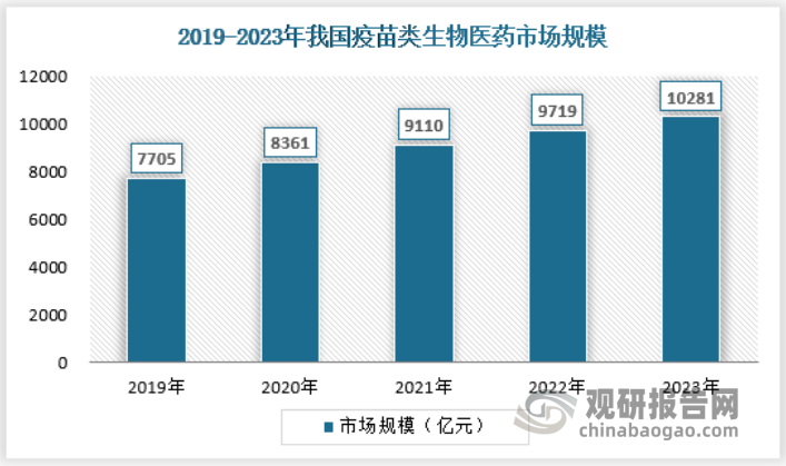 中国是全球第二大疫苗市场，在疫苗的可及性增加、政府政策利好、疫苗技术创新及疫苗接种意识增强的推动下，中国疫苗市场保持稳定的增长趋势。2023年，我国疫苗类生物医药市场规模约为10281亿元。