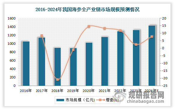 经过多年的发展，目前我国海参产业已经形成一条从育种、养殖、加工、流通到销售一体化的完整产业链条。数据显示，2021年我国海参全产业链市场规模为1208亿元，到2023年市场规模增长到了1326.0亿元。而随着消费者饮食多元化，消费结构升级，产业技术和产业环境不断进步与完善，海参产业链将进一步发展，满足消费者对海参及其制品日益增长的需求，海参产业具有广阔的市场前景。预计2024年我国海参全产业链市场规模有望达1428.1亿元。