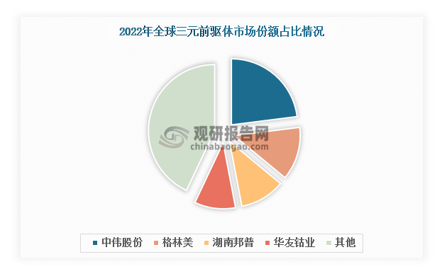 全球市场方面，以中伟股份、格林美、华友钴业、湖南邦普等为代表的中国企业占据着全球三元前驱体行业大部分的市场份额。其中，中伟股份2022年市场份额排名第一，达到23%，其次是格林美、华友钴业和湖南邦普，三家企业合计占比34%。