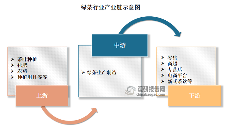 我国绿茶行业产业链较为完整。其产业链上游为茶叶种植环节，主要包括化肥、农药及相关种植设备等；中游为绿茶的加工环节，主要分为杀青、揉捻和干燥三个步骤；下游则为茶叶的流通环节，主要包括各类线上及线下渠道。