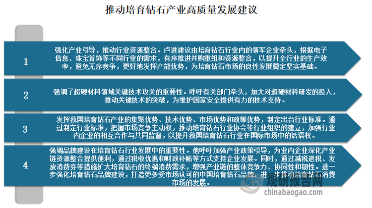 对此，为更好推动培育钻石产业高质量发展，有效提振培育钻石产业终端需求。有相关人士提出了几点建议：一是建议有关部门牵头，推进超硬材料领域关键技术攻关；二是推动培育钻石行业协会等行业组织的建立，强化行业内企业的相互合作、共同监督，在国际竞争中提升我国培育钻石行业话语权；三是建议加强产业政策引导，为业内企业深化产业链资源整合提供便利；四是进一步强化培育钻石品牌建设，推动培育钻石消费市场发展。另外也有专家表示称，从当下培育钻石市场情况来看，品牌推动和消费者认知升级是关键。