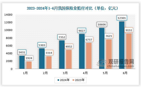 赔付对比来看，2024年1-6月，我国保险业对比分别为3431亿元、5303亿元、7352亿元、9027亿元、10606亿元、12301亿元；较2023年同期相比均有所增长。