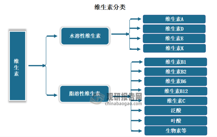 维生素主要分为水溶性维生素和脂溶性维生素两种。其中“脂溶性维生素”包括维生素A、维生素D、维生素E、维生素K，可随脂肪被人体吸收并在体内储积。“水溶性维生素”包括维生素B1、维生素B2、维生素B6、维生素B12、维生素C、泛酸、叶酸、烟酸和生物素，这类维生素吸收后体内贮存很少，过量的会从尿中排出。