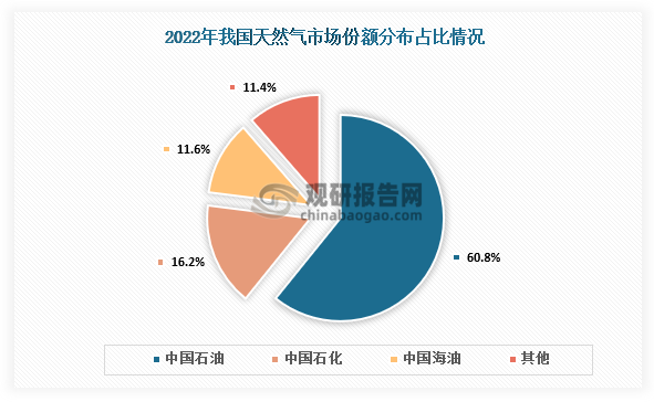 市场份额来看，国内天然气主要由中国石油、中国石化、中海油等企业供应。数据显示，2022年中国石油天然气产量为1324亿立方米，市场占比为60.8%；中国石化天然气产量为353.7亿立方米，市场占比为16.2%；中国海油天然气产量为252.9亿立方米，市场占比为11.6%。