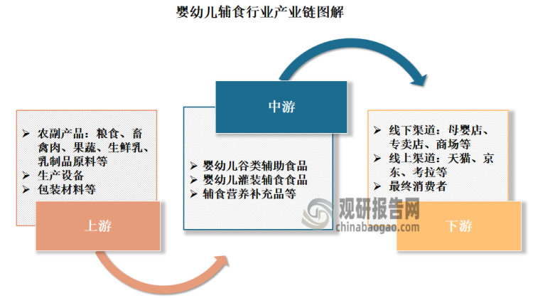 婴幼儿辅食行业产业链较为完整。其产业链上游为粮食、畜禽肉、果蔬、生鲜乳、乳制品原料等农副产品、生产设备、包装材料等；中游为婴幼儿谷类辅助食品、婴幼儿灌装辅食食品、辅食营养补充品等；下游则为销售渠道，线下渠道包括母婴店、专卖店、商场等，线上渠道包括天猫、京东、考拉等，最终流向消费者。