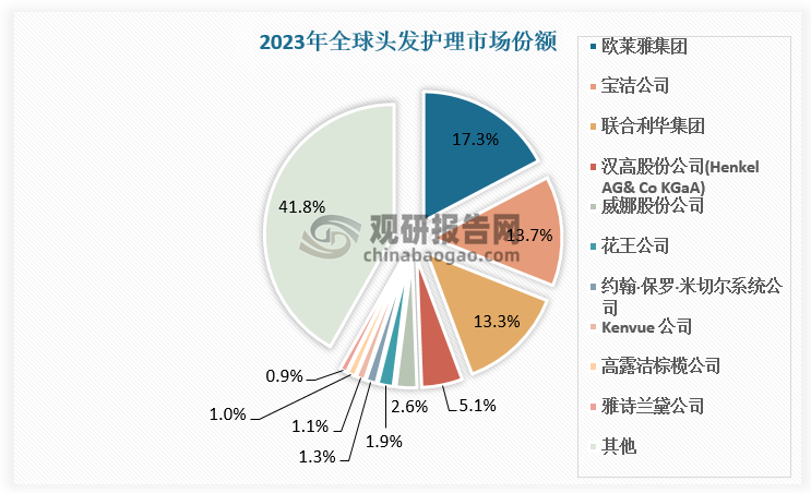 其中2023年歐萊雅作為全球頭發(fā)護理的頭部公司，在頭發(fā)護理市場中的占有率達到17.3%，寶潔達到13.7%，聯(lián)合利華達到13.3%，施華蔻（漢高集團旗下品牌）達到5.1%，威娜（科蒂集團/威娜品牌）達到2.6%。2023年染發(fā)劑市場CR3市場份額達到44.3%，CR5達到52.0%。