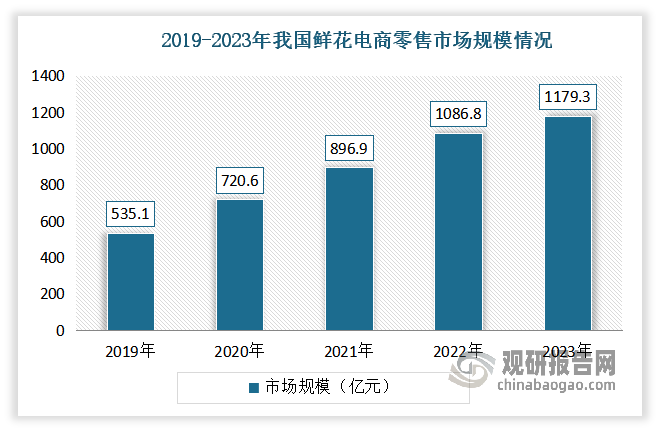 近年來隨著電商行業(yè)的興起及冷鏈物流行業(yè)的不斷發(fā)展，花卉電商等線上渠道快速崛起。尤其是2020年受疫情影響，線下門店歇業(yè)，花卉生產(chǎn)和經(jīng)銷商紛紛開辟線上銷售渠道，使得鮮花電商零售一路攀升。數(shù)據(jù)顯示，2023年我國花卉電商零售市場規(guī)模達1179.3億元，已占花卉零售市場規(guī)模的“半壁江山”（占比達到54.5%）?？梢娬驹凇盎ヂ?lián)網(wǎng)+”風口,鮮花產(chǎn)業(yè)蘊藏的商機不容小覷。