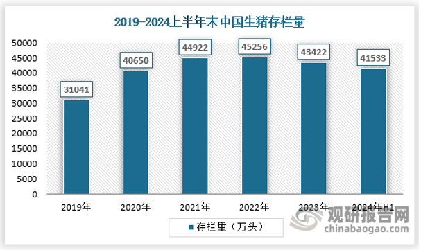 截止2024年二季度末，全國生豬存欄41533萬頭，環(huán)比增加684萬頭，增長1.7%，同比減少1984萬頭，下降4.6%。自2021年以來，僅高于2024年一季度末的生豬存欄量。2024年第一季度國內(nèi)生豬存欄減少2572萬頭，第二季度增加683萬頭。