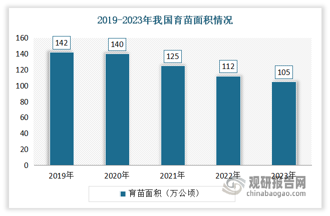 數(shù)據(jù)顯示，2022 年全國育苗面積約為 112 萬公頃，年可出圃苗木（可供造林用苗量）約為 287 億株，苗木實際使用量為 95 億株，相比 2020 年分別減少了 20%、22%和 26%。到2023年我國育苗面積下降至約105萬公頃，苗木產(chǎn)量降至381億株左右，可供造林用苗量降至277億株左右，實際使用量降至78億株左右。