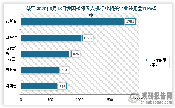 從企業(yè)注冊量來看，截至2024年8月18日，我國植保無人機(jī)相關(guān)企業(yè)注冊量為10581家，其中注冊量排名前五省市分別為安徽省、山東省、新疆維吾爾自治區(qū)、吉林省、河南??；企業(yè)相關(guān)注冊量分別為1751家、1026家、826家、651家、616家；占比分別為16.55%、9.70%、7.81%、6.15%、5.82%。整體來看，安徽省和山東省企業(yè)均超過了1000家，其中安徽省企業(yè)注冊量遠(yuǎn)高于其他省市。