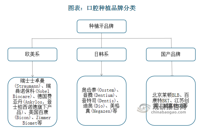 口腔種植競(jìng)爭(zhēng)市場(chǎng)方面，進(jìn)口品牌占據(jù)90%以上市場(chǎng)份額。歐美品牌占據(jù)高端市場(chǎng)，目標(biāo)客戶是大型公立醫(yī)院及連鎖口腔醫(yī)療機(jī)構(gòu)。這些客戶對(duì)產(chǎn)品價(jià)格不敏感，而對(duì)產(chǎn)品品質(zhì)要求高；日韓品牌性價(jià)比較高，主要市場(chǎng)是民營(yíng)醫(yī)院和口腔診所等。國(guó)產(chǎn)品牌起步時(shí)間相對(duì)較晚，未來還有很長(zhǎng)的路要走。