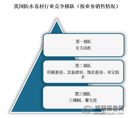 从行业竞争梯队来看，位于我国防水卷材行业第一梯队行业企业为东方雨虹；位于行业第二梯队的企业为科顺股份、北新建材、凯伦股份、卓宝防水；位于行业第三梯队的企业为三棵树、赛力克。