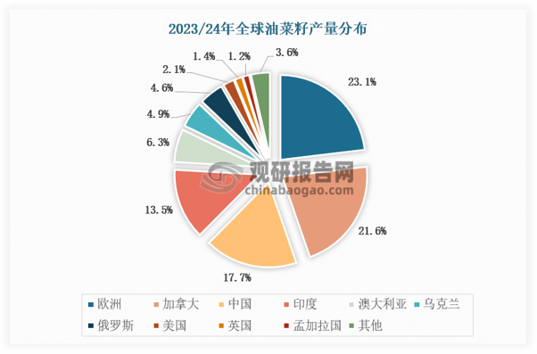 全球油菜籽稳步增长，产区分布广泛。从全球油菜籽情况看，欧盟、加拿大、中国是油菜籽的主产国，依据近几年的数据，三个国家（地区）的产量占到全球油菜籽总产量的85%以上。其中，加拿大地广人稀，为全球第一大油菜籽出口国，其菜籽的供需情况对全球菜籽价格影响举足轻重。欧盟，其油菜籽产量较高，食用植物油消费少，70%的菜油用于生物柴油消费，产不及需，每年仍需大量进口菜籽，从产需结构看，是油菜籽净进口方。我国，作为全球油菜籽主产国与最大的消费国，国内的产量远远无法满足其消费，需要依靠大量的进口。加拿大为我国油菜籽的主要进口国，2019年之前，加籽进口量占菜籽进口总量的90%以上（除2005年和2013 年以外）。近年来，我国不断拓展进口来源渠道，从俄罗斯、澳大利亚进口菜籽的比重有所上升。 