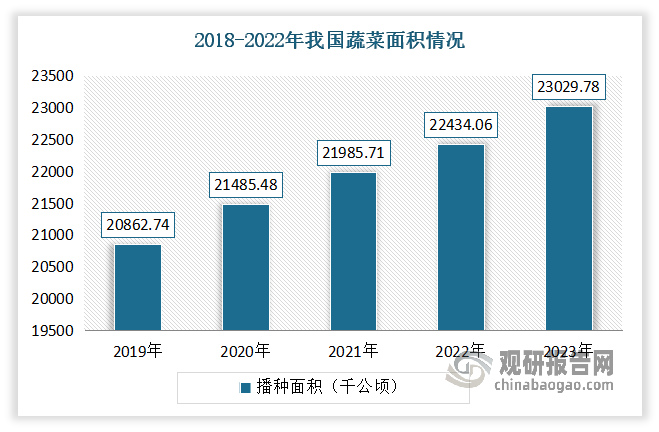 蔬菜是指可以做菜、成為食品的一類或，可提供人體所必需的多種維生素和礦物質(zhì)等營(yíng)養(yǎng)物質(zhì)，是人們?nèi)粘ｏ嬍持斜夭豢缮俚氖澄镏?。近年得益于政策推?dòng)，我國(guó)農(nóng)產(chǎn)品種植結(jié)構(gòu)不斷調(diào)整，蔬菜播種面積與產(chǎn)量呈現(xiàn)快速增長(zhǎng)趨勢(shì)。數(shù)據(jù)顯示，2023年我國(guó)蔬菜播種面積達(dá)到23029.78千公頃。 