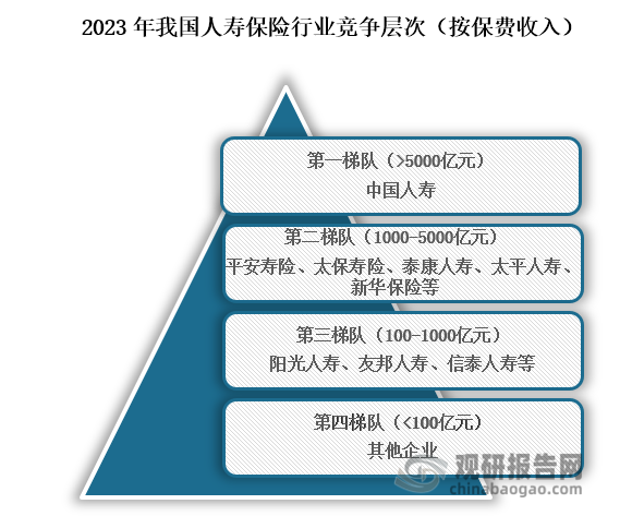 而從行業(yè)競爭情況來看，我國人壽保險行業(yè)參與企業(yè)眾多，其中位于行業(yè)第一梯隊的企業(yè)為中國人壽，保費收入在5000億元以上；位于行業(yè)第二梯隊的企業(yè)為平安壽險、太保壽險、泰康人壽、太平人壽、新華保險等，保費收入在1000到5000億元之間；位于行業(yè)第三梯隊的企業(yè)為陽光人壽、友邦人壽、信泰人壽等；保費收入在100-1000億元之間；位于行業(yè)第四梯隊的是其他企業(yè)，保費收入在100億元以下。