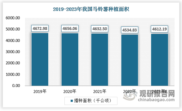 中國馬鈴薯資源豐富，通過開發(fā)薯?xiàng)l薯片、全粉以及高蛋白薯渣飼料等高經(jīng)濟(jì)價(jià)值產(chǎn)品，建立農(nóng)村地域性新型馬鈴薯生產(chǎn)利用體系，可有效推動全國馬鈴薯價(jià)值鏈提升和產(chǎn)業(yè)發(fā)展。2023年中國馬鈴薯種植面積約461.22萬hm2，總產(chǎn)量約1792.54萬t，成為全球馬鈴薯產(chǎn)量最高的國家，年產(chǎn)量約占全球總產(chǎn)量4.63%。