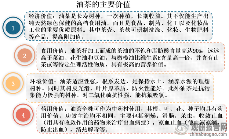 油茶具有很高的经济价值、食用价值、环境价值和药用价值，是我国重要的经济作物和油料作物，同时发展油茶行业也是保障国家粮油安全、改善人民群众食用油结构和健康水平的战略举措。因此油茶行业受到了国家政策的大力支持和鼓励。近年来，《国务院办公厅关于鼓励和支持社会资本参与生态保护修复的意见》《“十四五”推进农业农村现代化规划》《林草产业发展规划（2021—2025年）》《加快油茶产业发展三年行动方案（2023—2025年）》等利好政策相继出台，持续推动着油茶行业的发展。其中《加快油茶产业发展三年行动方案（2023—2025年）》更是明确提出：2023—2025年完成新增油茶种植1917万亩、改造低产林1275.9万亩，确保到2025年全国油茶种植面积达到9000万亩以上、茶油产能达到200万吨。指导中林集团以整县推进方式在湖南、江西等省建立10 个50万亩以上的油茶林基地，通过企业兼并、重组和整合形成年产30万吨茶油的油茶龙头企业。