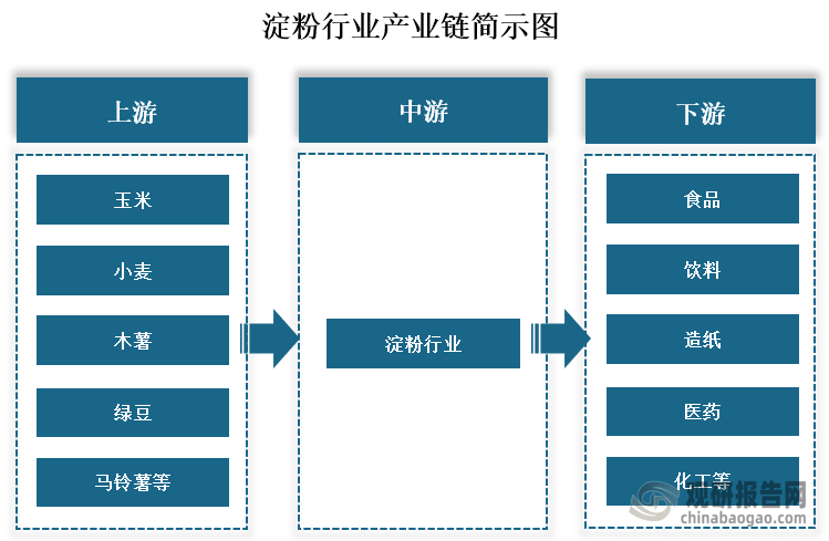 从产业链来看，我国淀粉行业上游主要为玉米、小米、木薯、马铃薯、绿豆等原材料；中游为淀粉的制造和加工；下游为食品、饮料、造纸、化工、医药等应用领域。