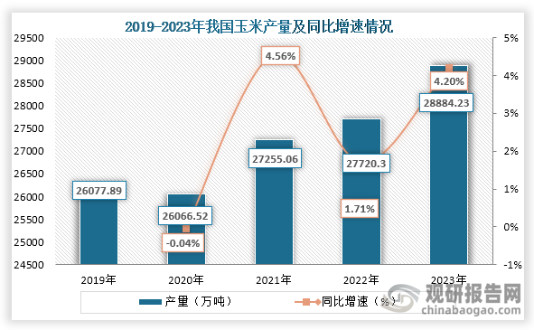 从原材料来看，在2019年到2023年我国玉米产量一直为增长趋势，到2023年我国玉米产量为28884.23万吨，同比增长4.2%。