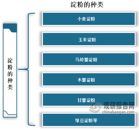 淀粉种类繁，主要种类有小麦淀粉、玉米淀粉、马铃薯淀粉、木薯淀粉、甘薯淀粉、和绿豆淀粉等。
