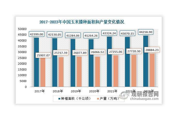 玉米是我国主要的粮食及经济作物之一，也是主要的储备粮食品种之一，具有适应能力强、分布广、产量高、存储量大等优点，在我国的大部分地区都广泛种植。数据显示，近年来我国玉米播种面积总体保持稳定，维持在41000千公顷以上，2023年达到44218.9千公顷，同比增长2.67%；同时伴随着种植技术提高，其产量总体呈现增长态势，2023年达到28884.23万吨，同比增长4.2%，为玉米淀粉的生产提供了可靠的原料保障。